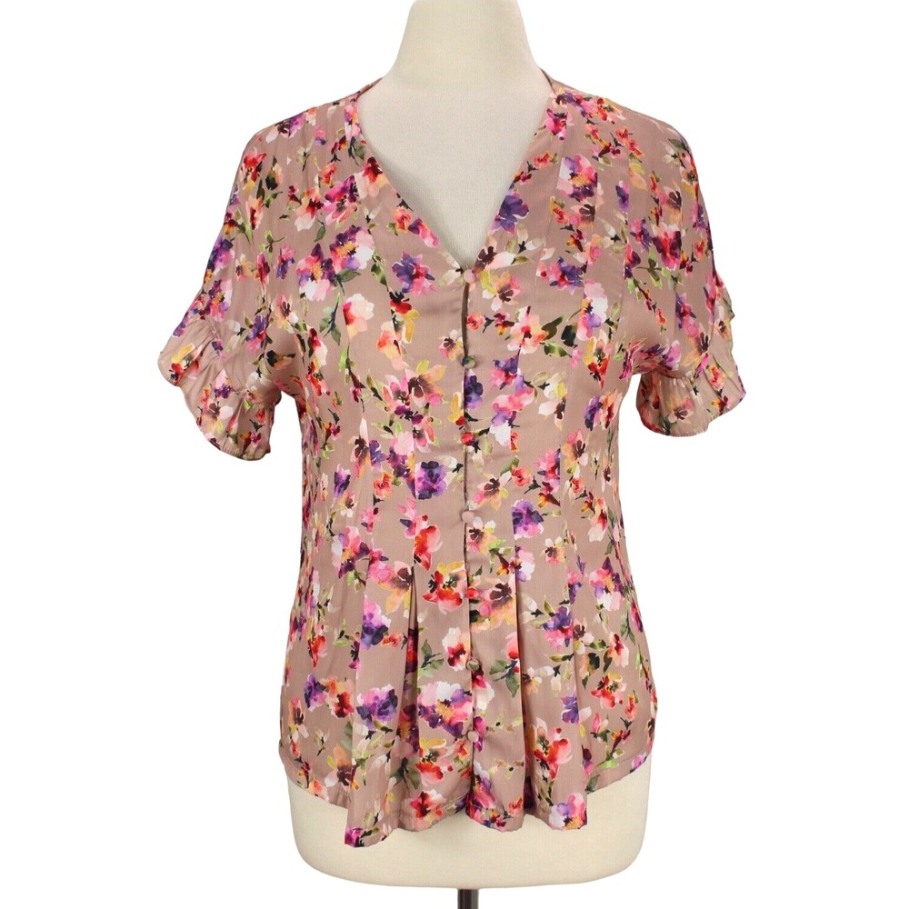 Dolan Left Coast Mitzi Top Size S Floral Button Front V-Neck Pleated Blouse